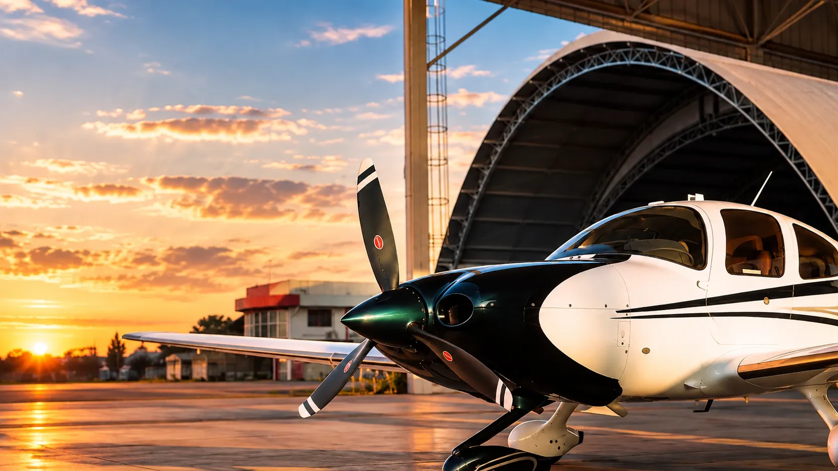 Avião em hangar durante o pôr do sol