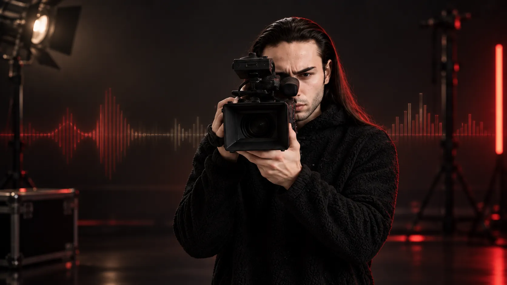 Videomaker operando uma câmera em estúdio audiovisual